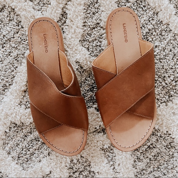 Land’s End Cognac Leather Slide Sandals - Picture 1 of 5